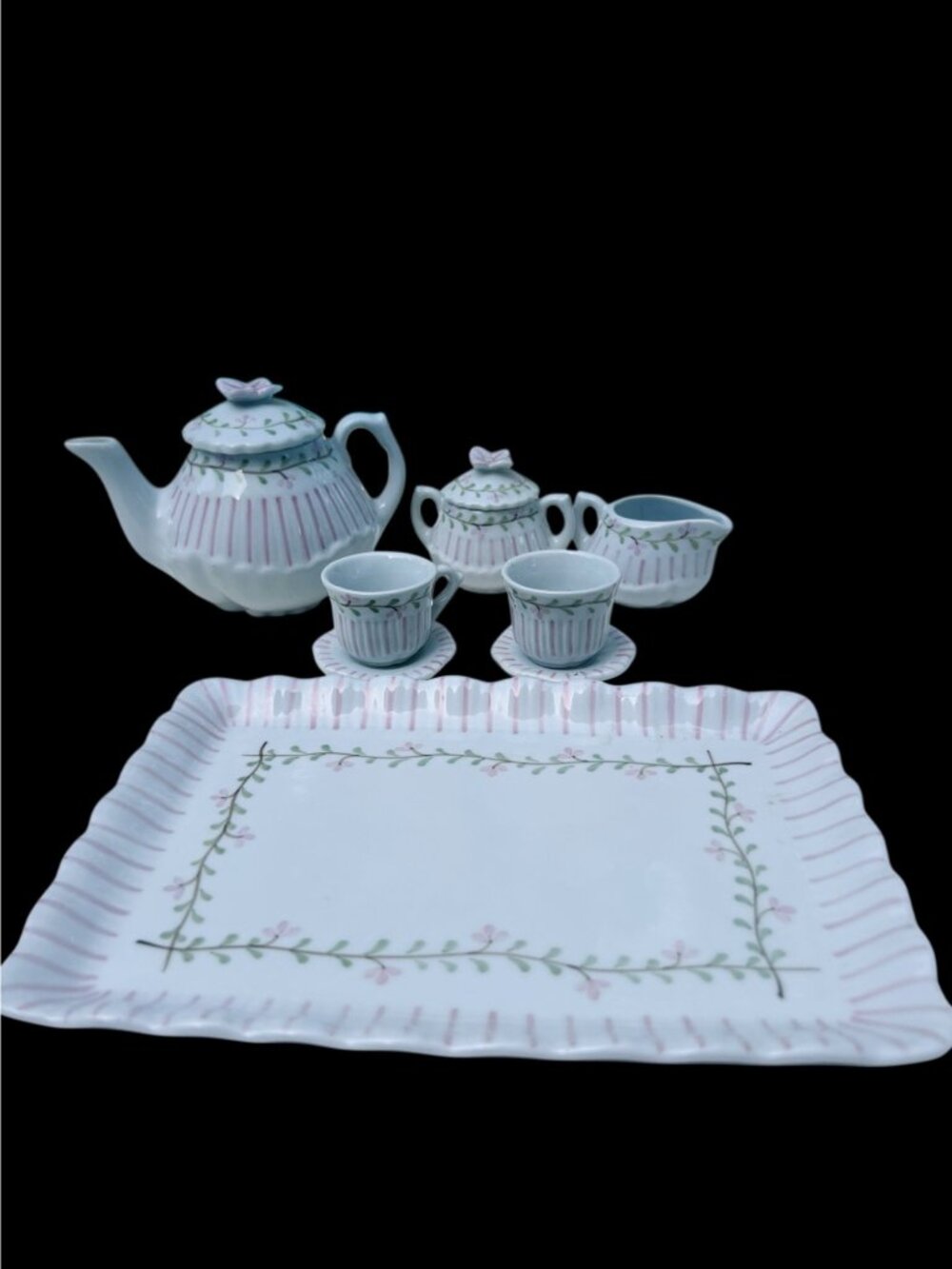 Hand-Painted Porcelain Mini Tea Set With Floral & Pink Stripe Design Shabby Chic - Picture 5 of 6